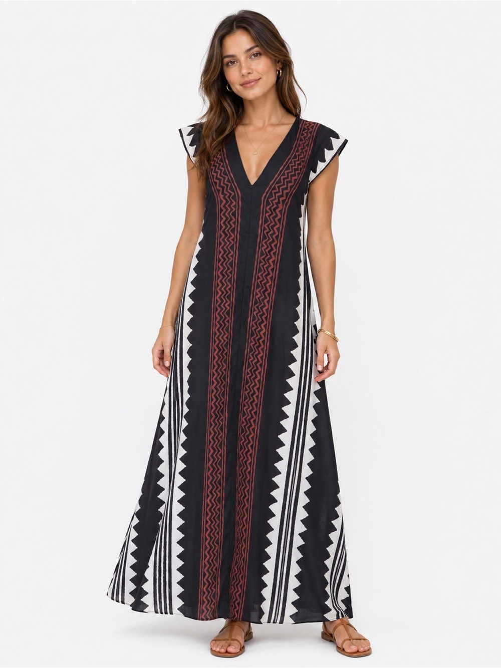 Source Unknown Black Maxi Dress with Rust Tribal Stripe